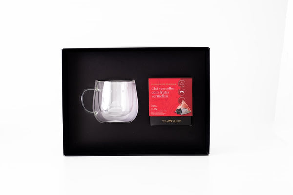Set Caneca Mug Vidro Duplo mais Caixa com 10 sachês Chá Vermelho Pu Erh Frutas do Bosque