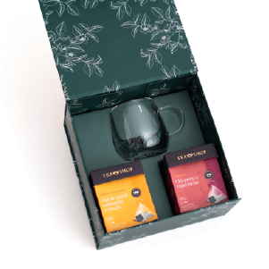 Set Mug de Vidro Duplo com 2 caixas de sachês piramidais