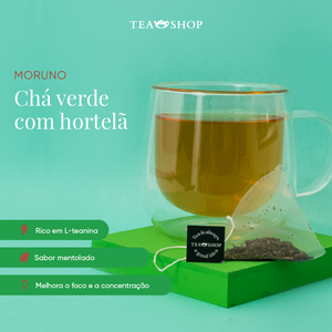 Set Caneca Mug Vidro Duplo mais Caixa com 10 sachês Chá Verde MORUNO