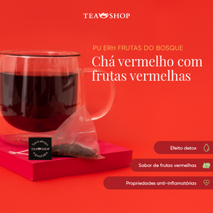 Set Caneca Mug Vidro Duplo mais Caixa com 10 sachês Chá Vermelho PU ERH FRUTAS DO BOSQUE